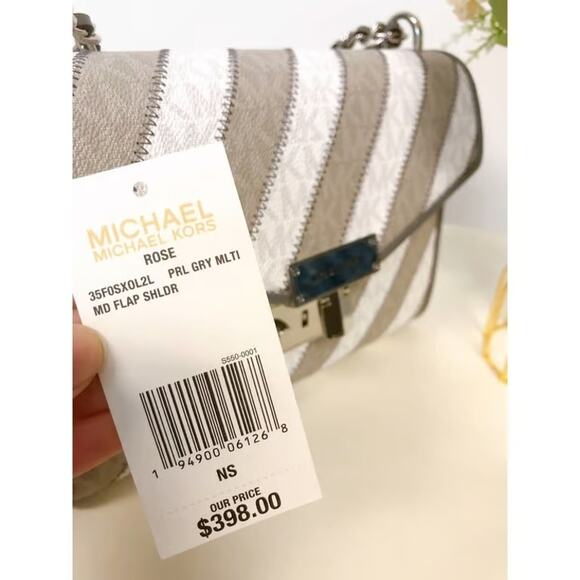 Michael Kors 35F0SX0L2L Rose Striped Signature Shoulder Handbag IN PRL GRY Multi - Picture 7 of 8
